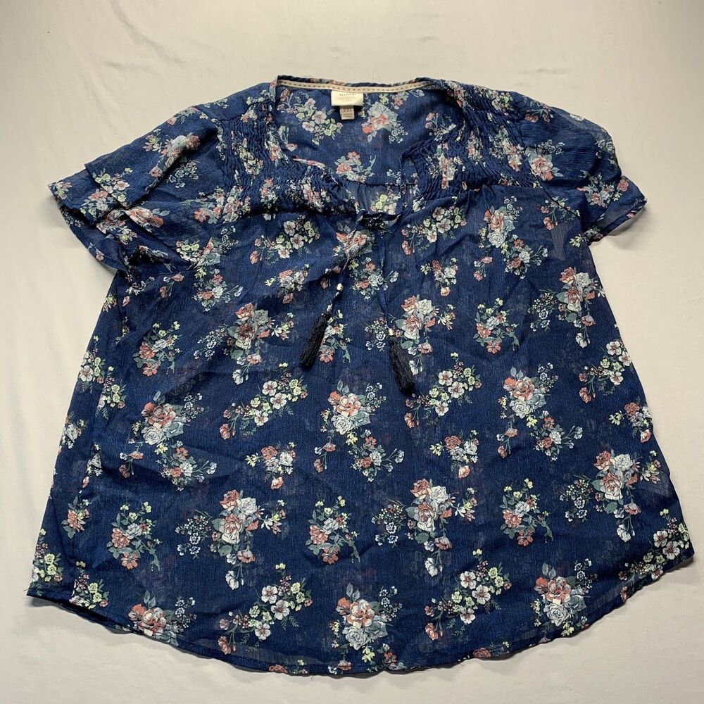 Knox Rose Cute Boho Peasant Top Blouse Semi-sheer Blue Multicolor Size XXL
